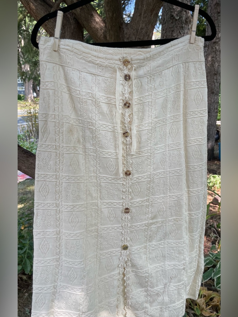 Button-Front Cream Maxi Skirt with Textured Knit Panels